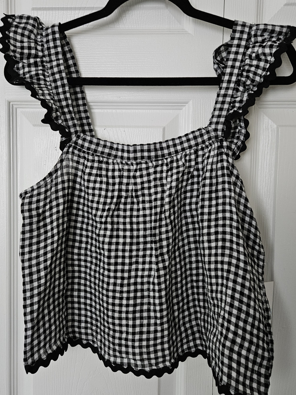 Cynthia Rowley Black and White Gingham Ruffle Strap Linen Top